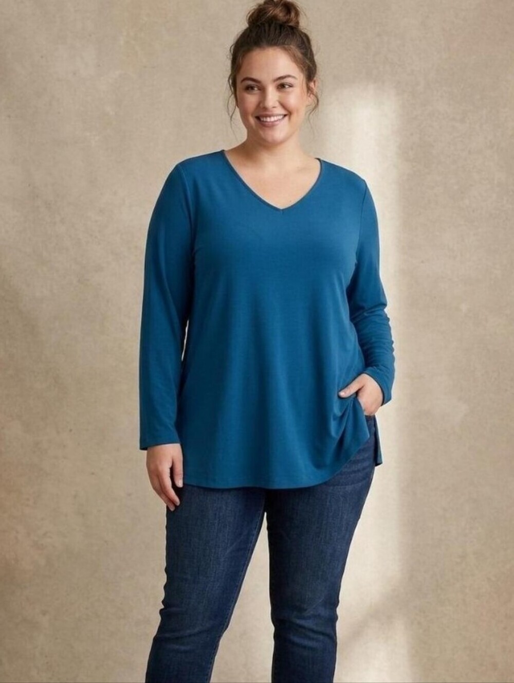 Susan Graver Deep Blue V-Neck Long Sleeve Top